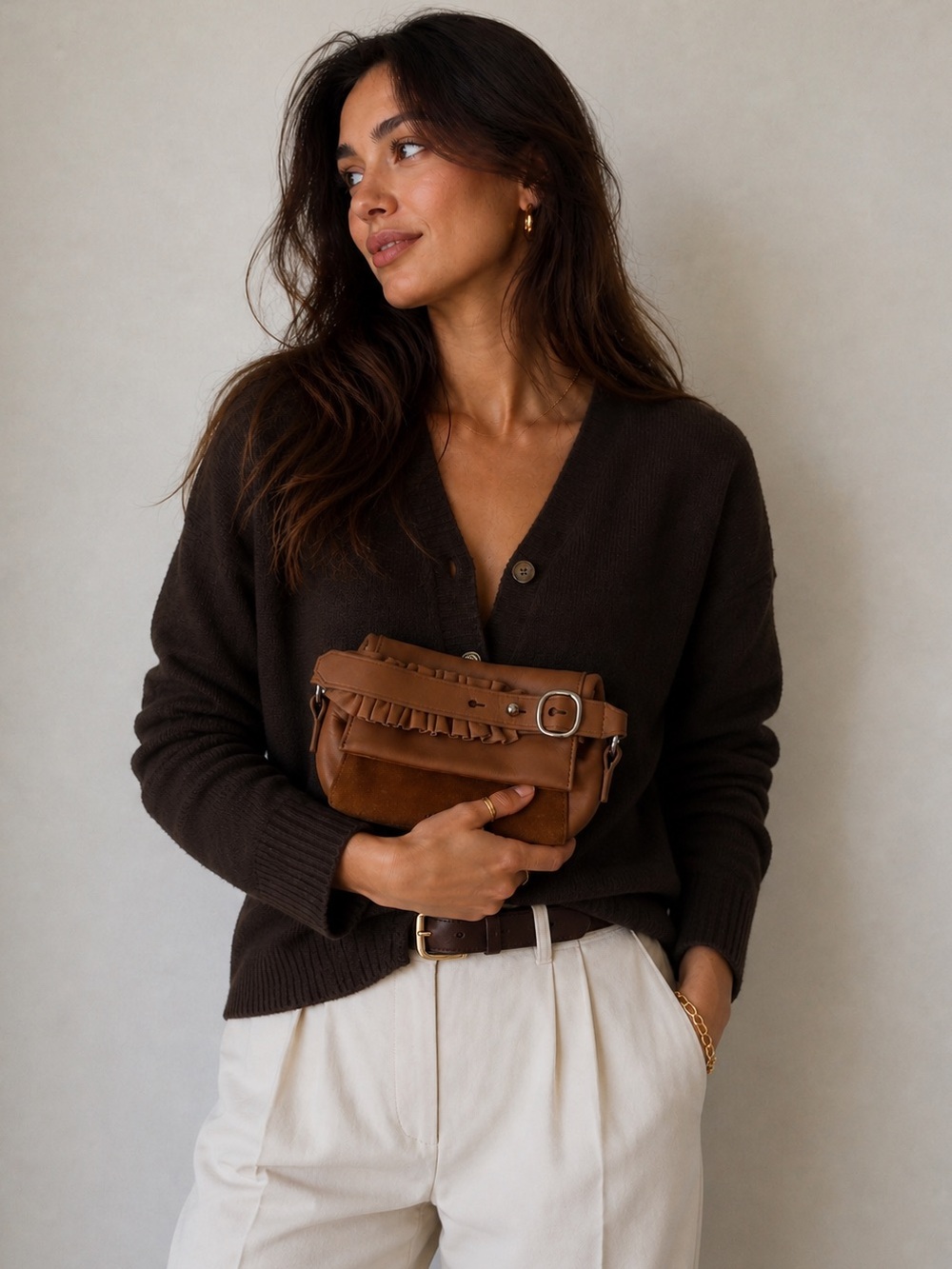 All Saints Tan Leather Suede Clutch